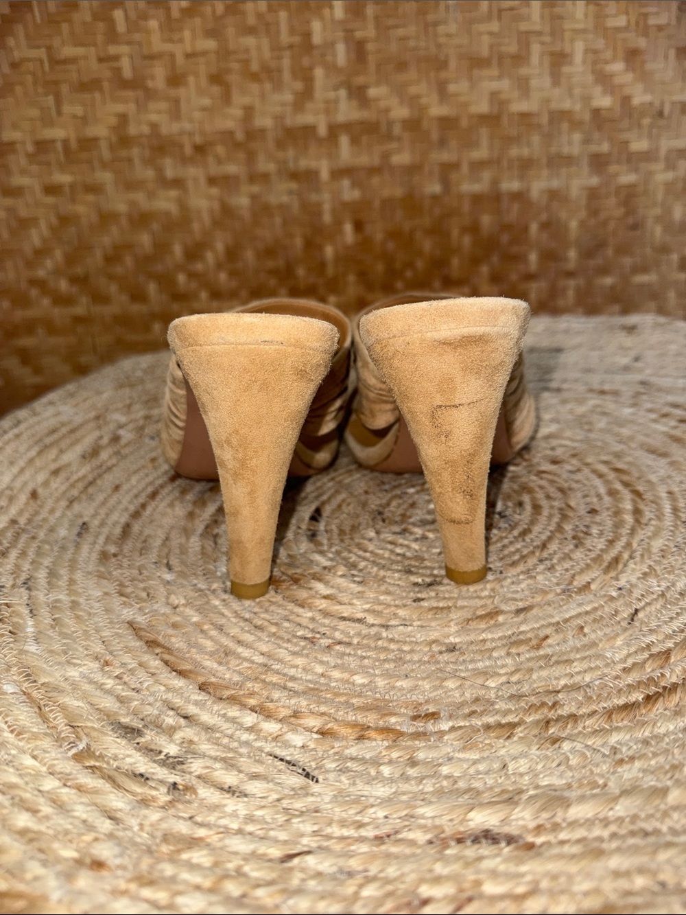 Veronica Beard Suede Tan Ruched Strap High Heel Sandals - Picture 3 of 9